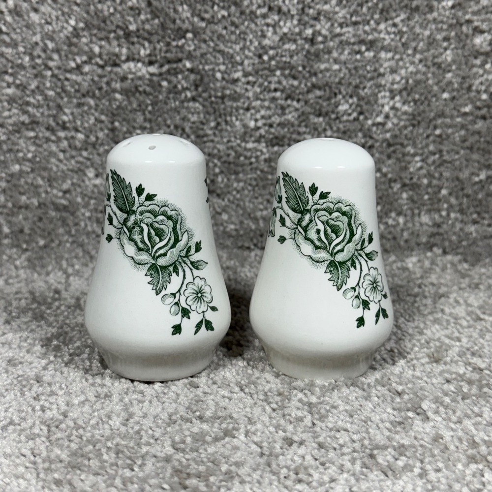 Wood & Sons Salt and Pepper Shakers Kew Green Floral Rose White Green Vintage